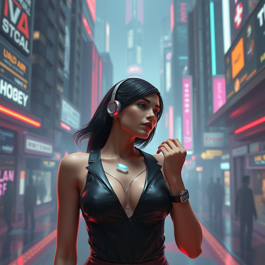Futuristic City Dweller with Glowing Pill