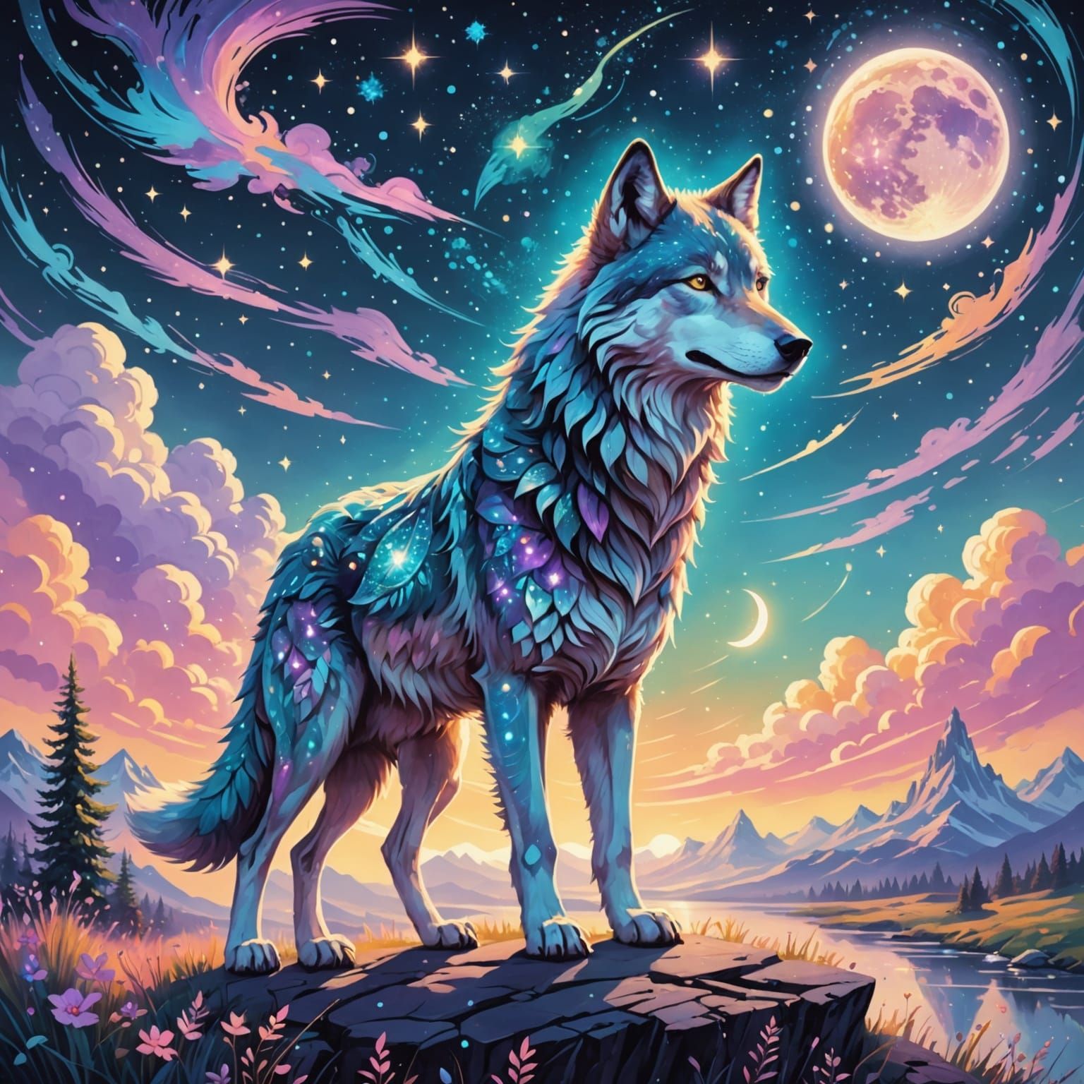 Stardust Wolf Appears in Dreamlike Oil Painting