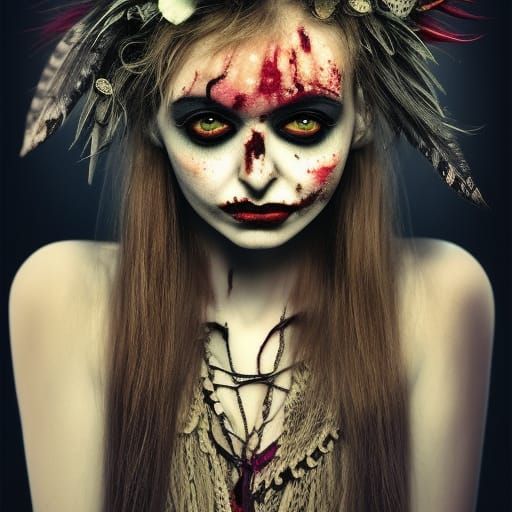 Creepy Indian Zombie Doll Portrait in Organic Punk Style