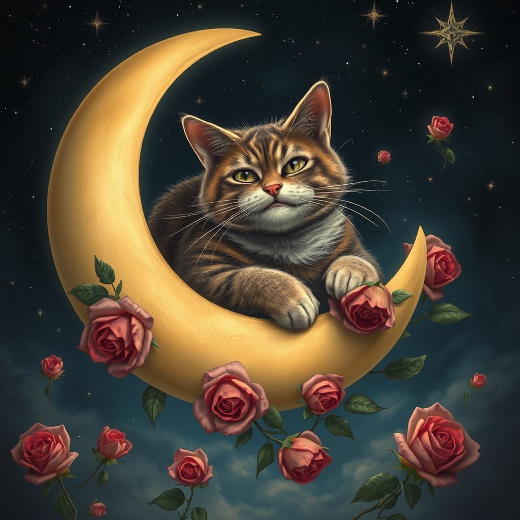Cat on Moon with Roses in Fantasy Art Style