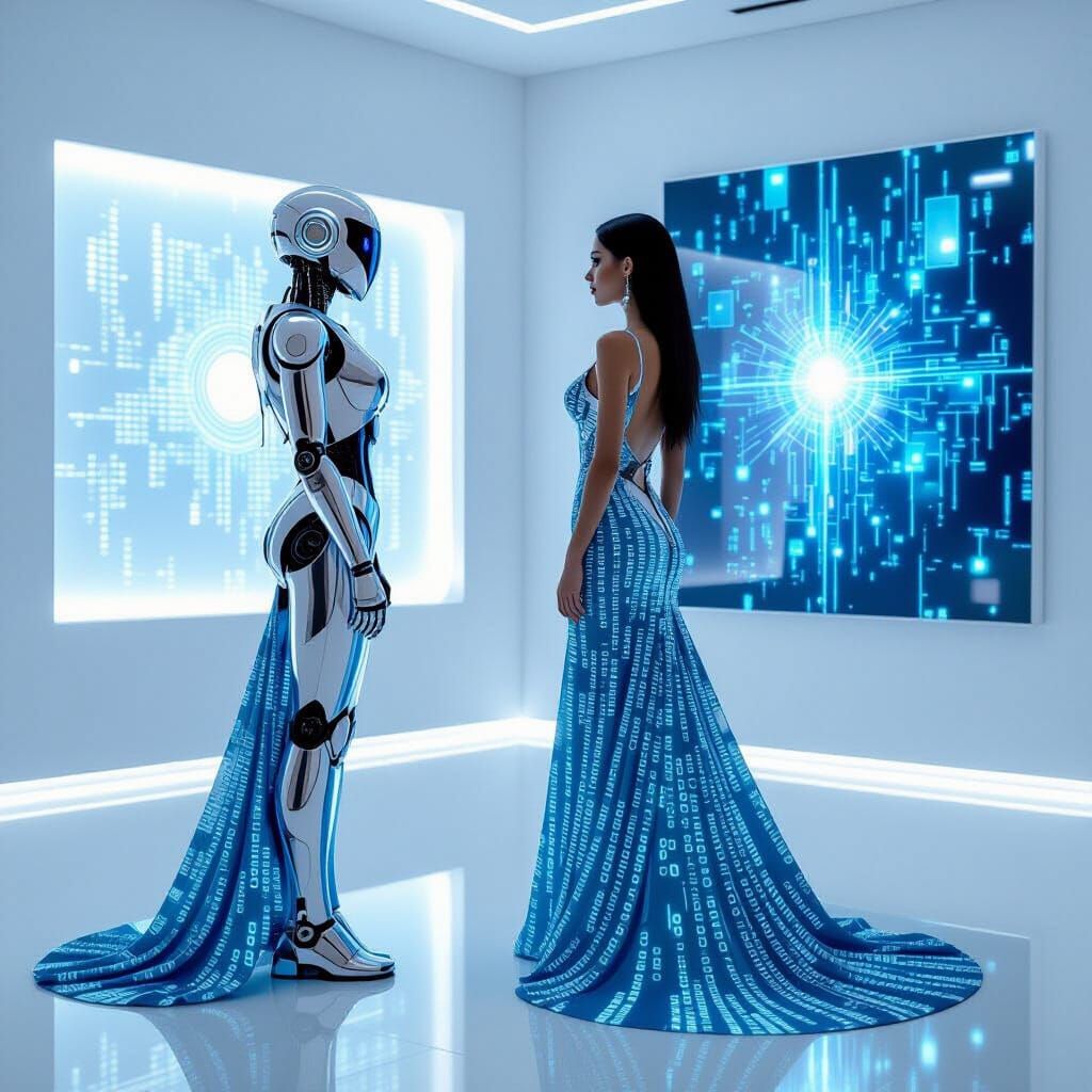 Chrome Robot in Art Gallery: Futuristic Digital Elegance