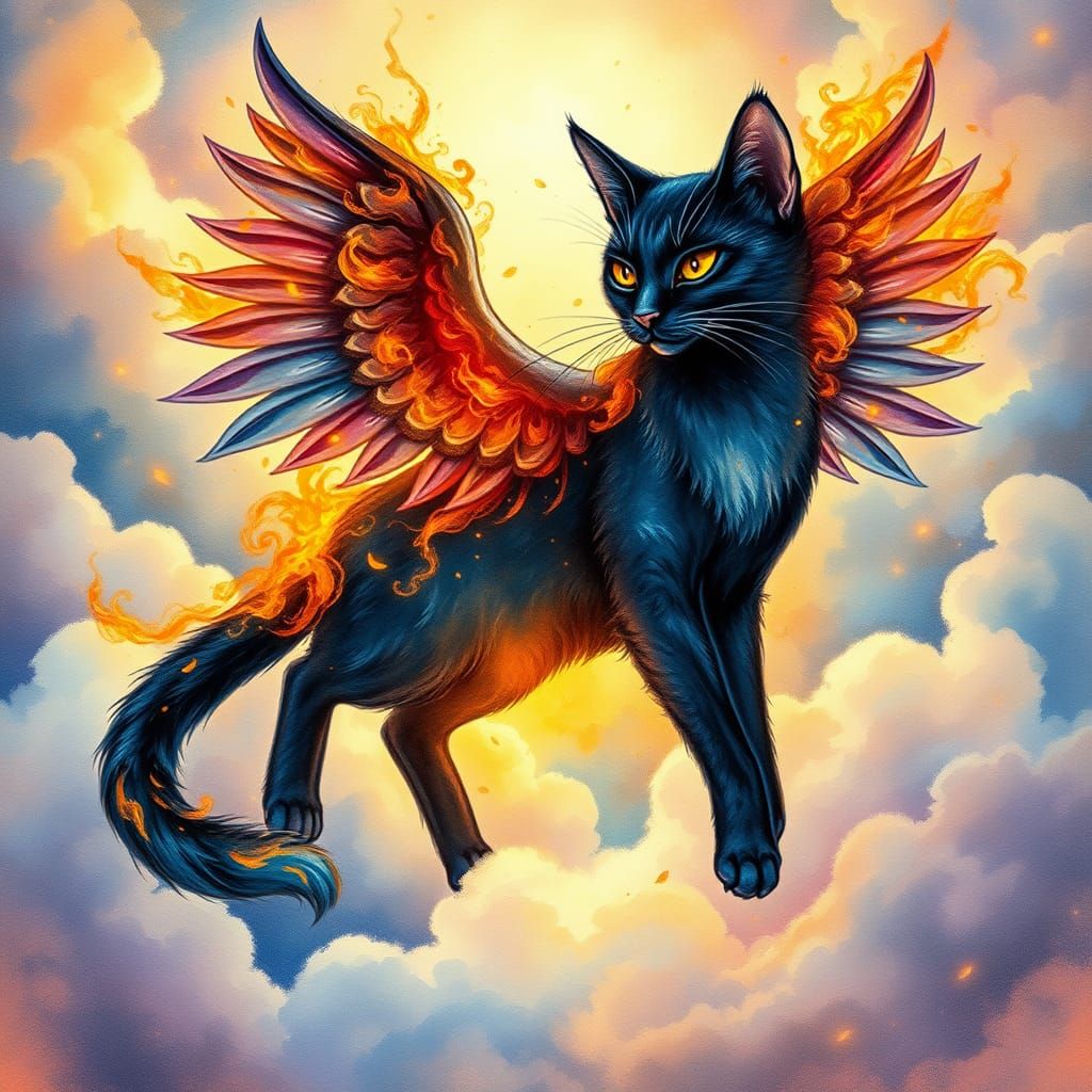 Ethereal Watercolor Illustration of a Winged Black Cat