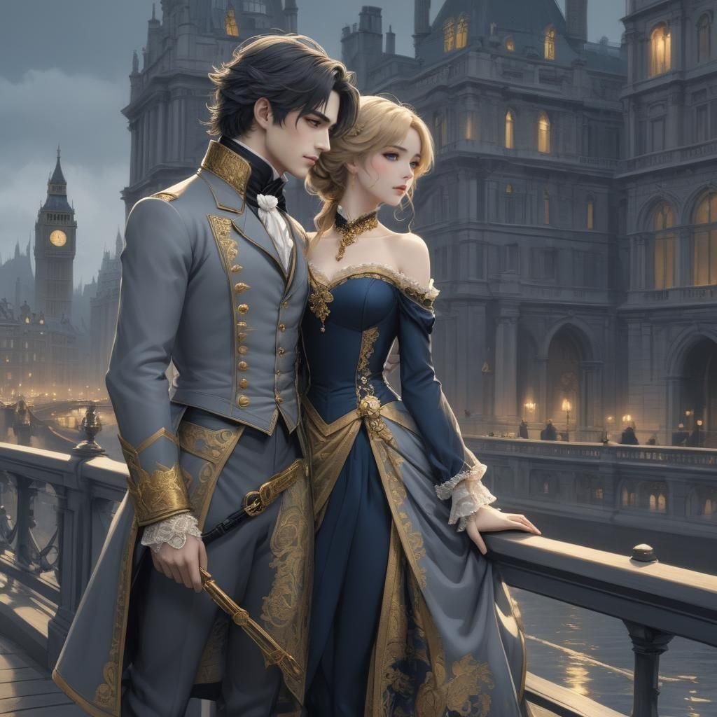 Victorian Couple Overlooking London in Anime Art
