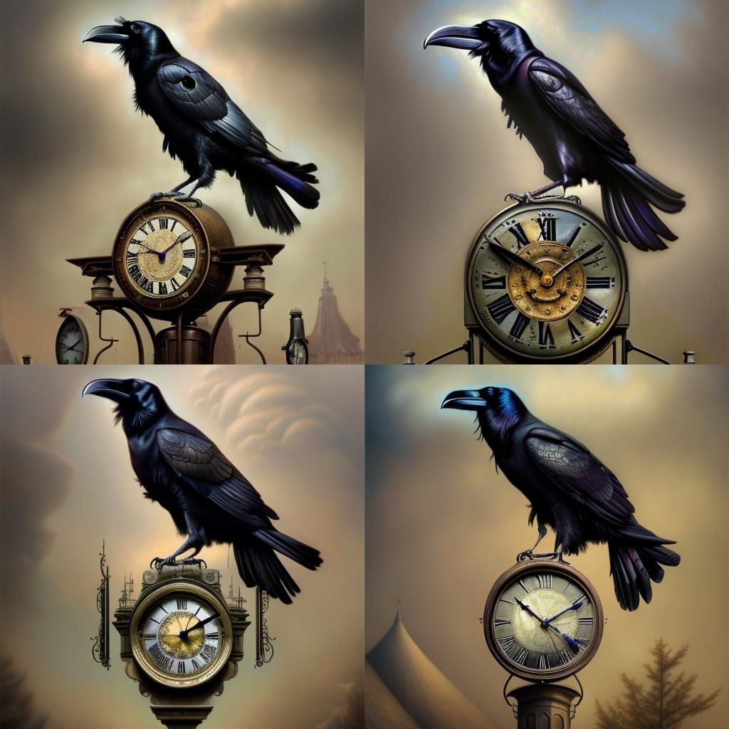 Raven on Clock: Detailed Digital Painting
