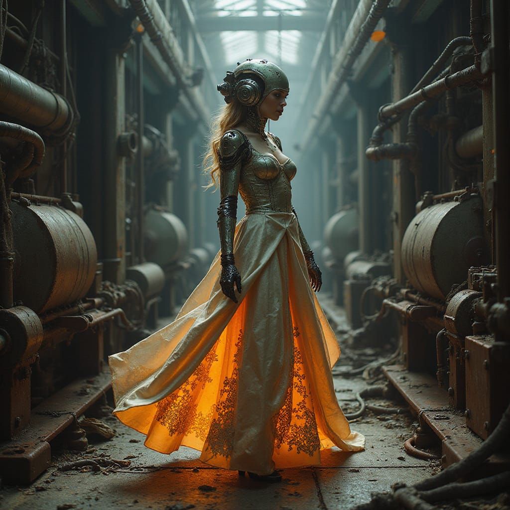 Cyborg Woman Dances in Dystopian Factory