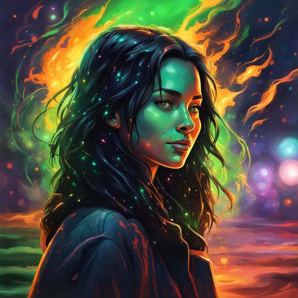 Apocalyptic Survivor with Neon Lights and Green Eyes