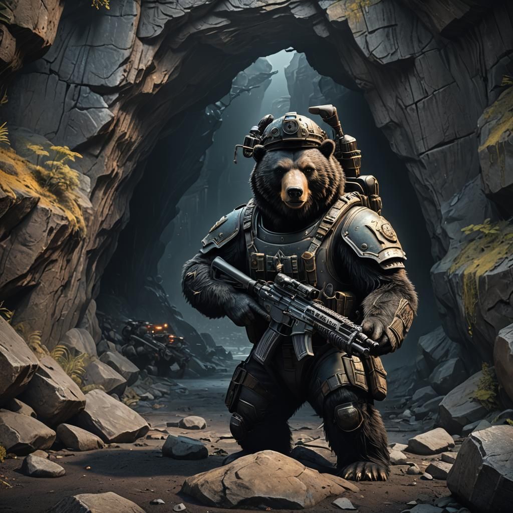 Bear Soldier with Gun in Cave Entrance