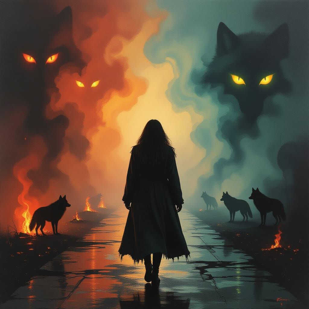 Woman Walking Through Shadowy Surreal Landscape