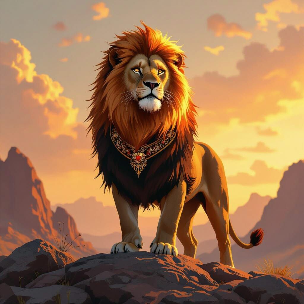 Fiery Lion King on Rocky Terrain in Digital Art Style