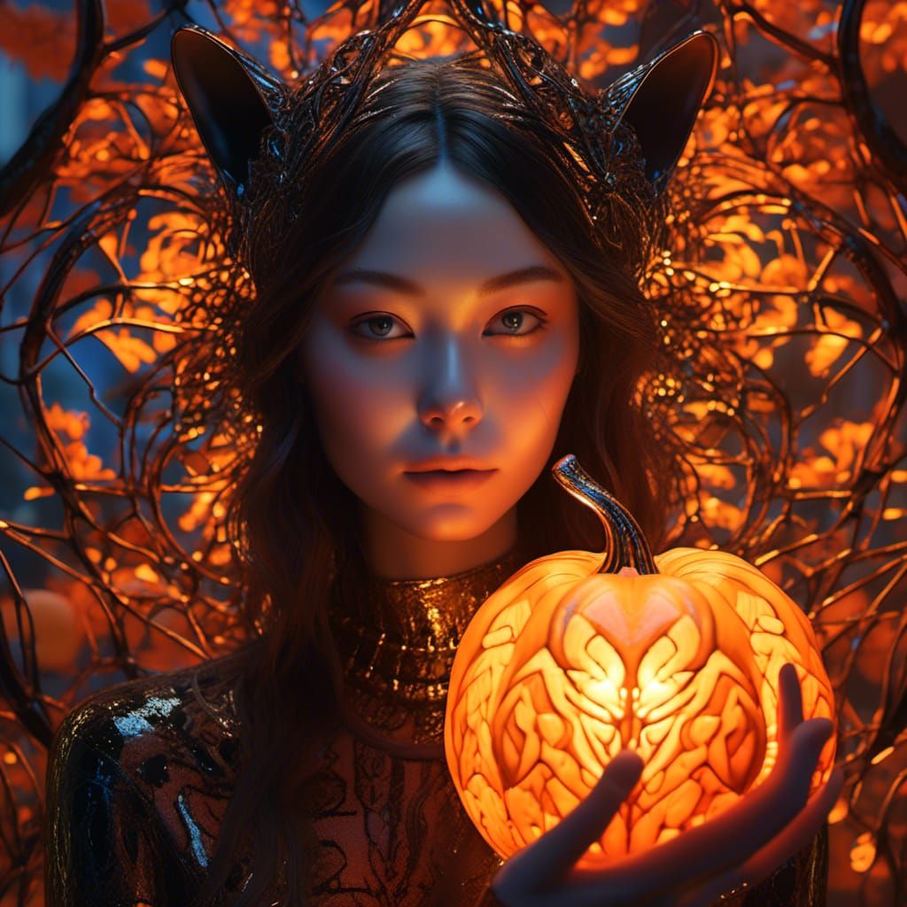 Glowing Pumpkin with Black Cat in Splash Art Style