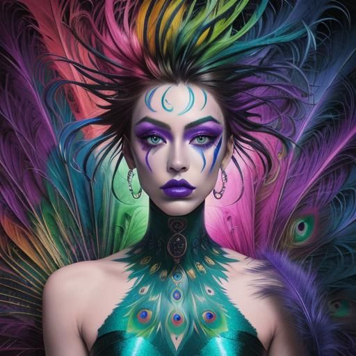 Rainbow Woman with Peacock Feathers in Fauvist Style