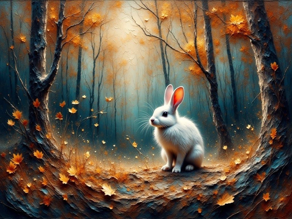 Impasto Autumn Night Landscape with the White Rabbit