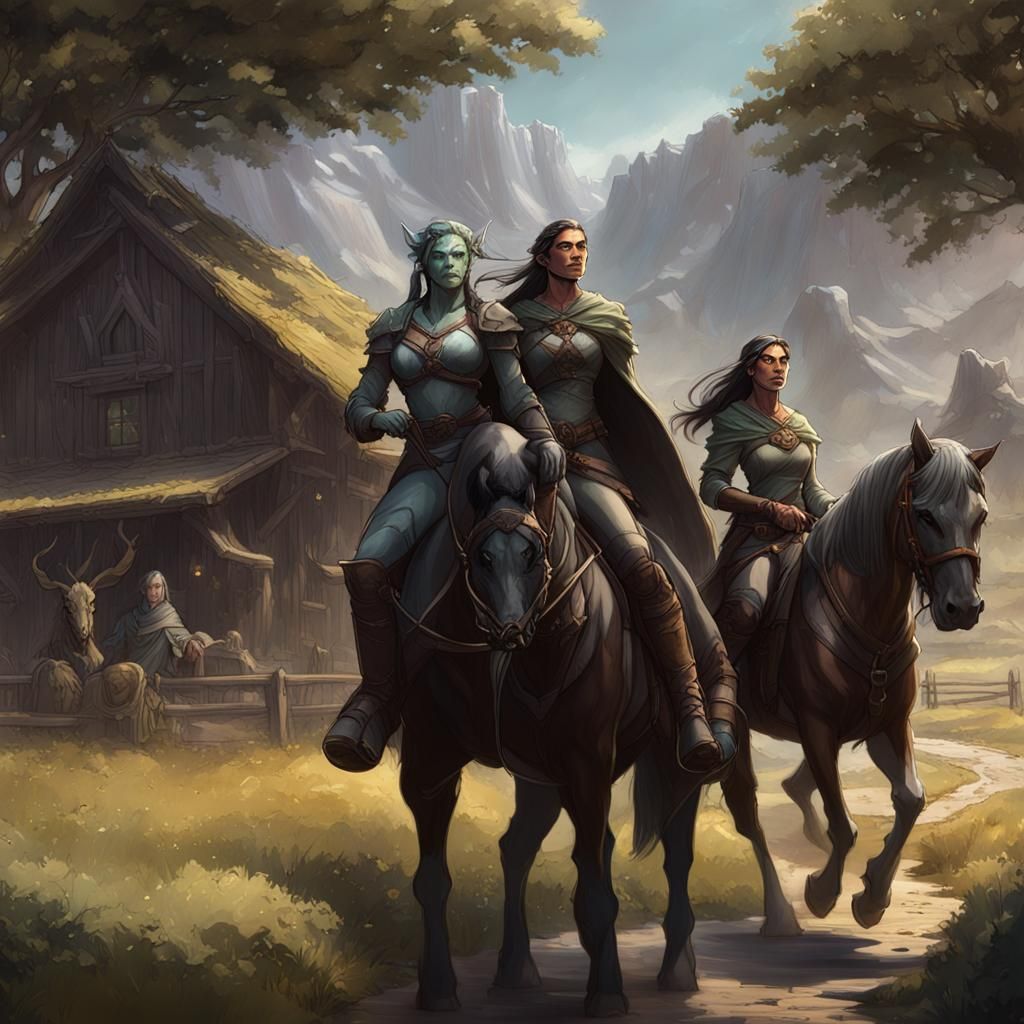 Halfling Woman and Orc Wife on Ranch, Dark Fantasy