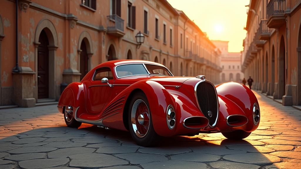 Bugatti Royal-Inspired Car in Medieval Piazzetta at Sunset