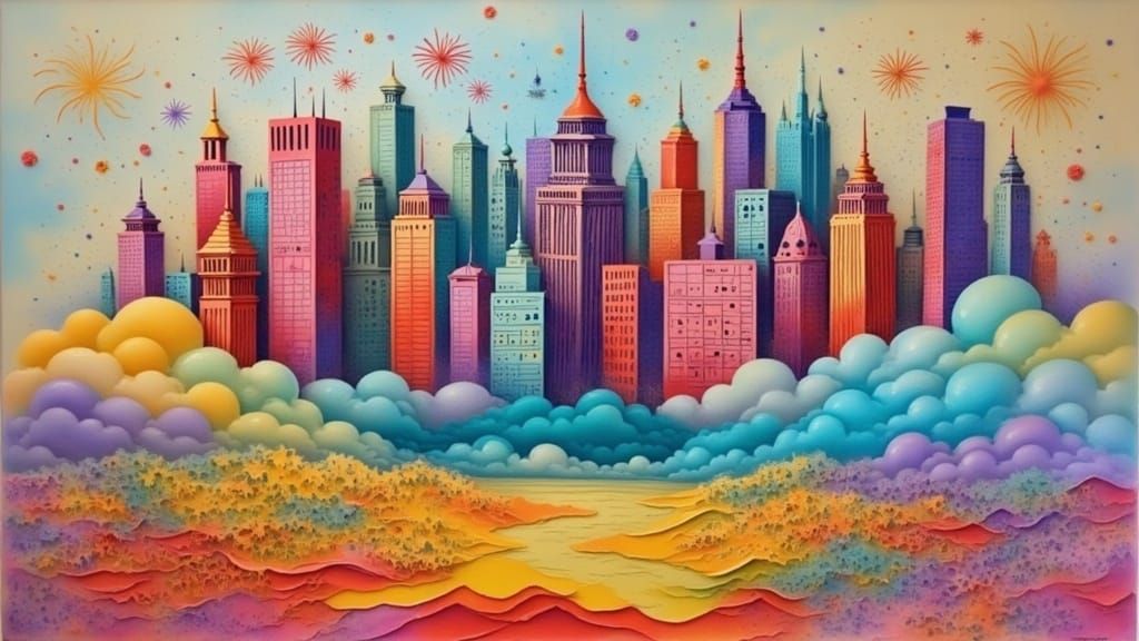 Fireworks Over Cityscape: Expressionist Mixed Media