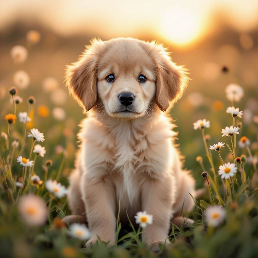 Cute Fluffy Golden Retriever Puppy in Wildflower Meadow