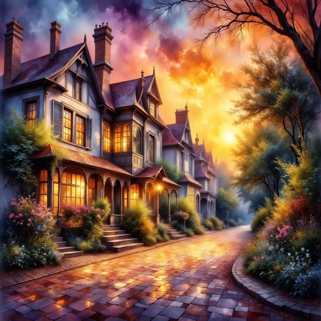 Colonial Homes at Golden Hour Sunset