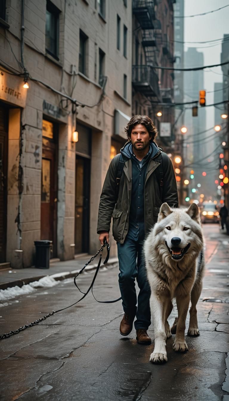 Man Walks Giant Direwolf: Urban Wildlife Photography
