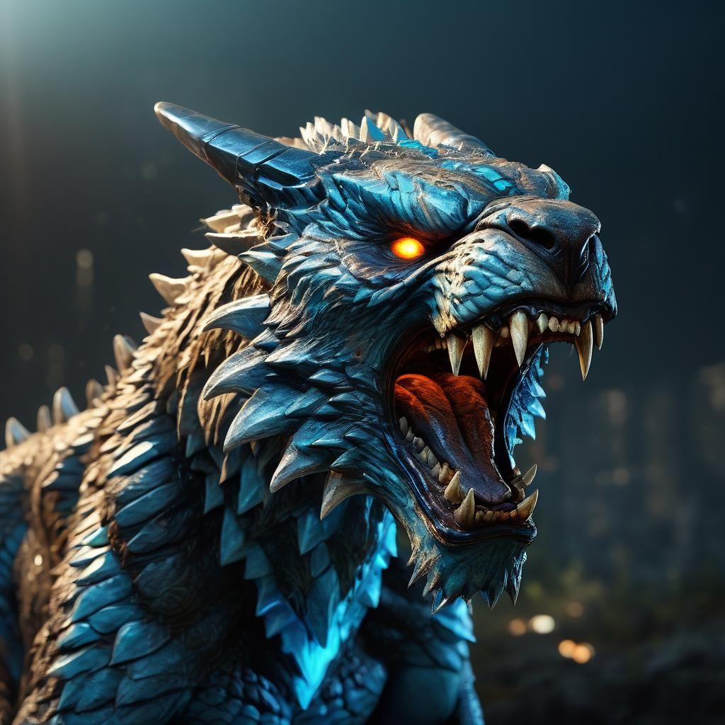 Roaring Bioluminescent Beast in Hyper-Realistic Digital Art