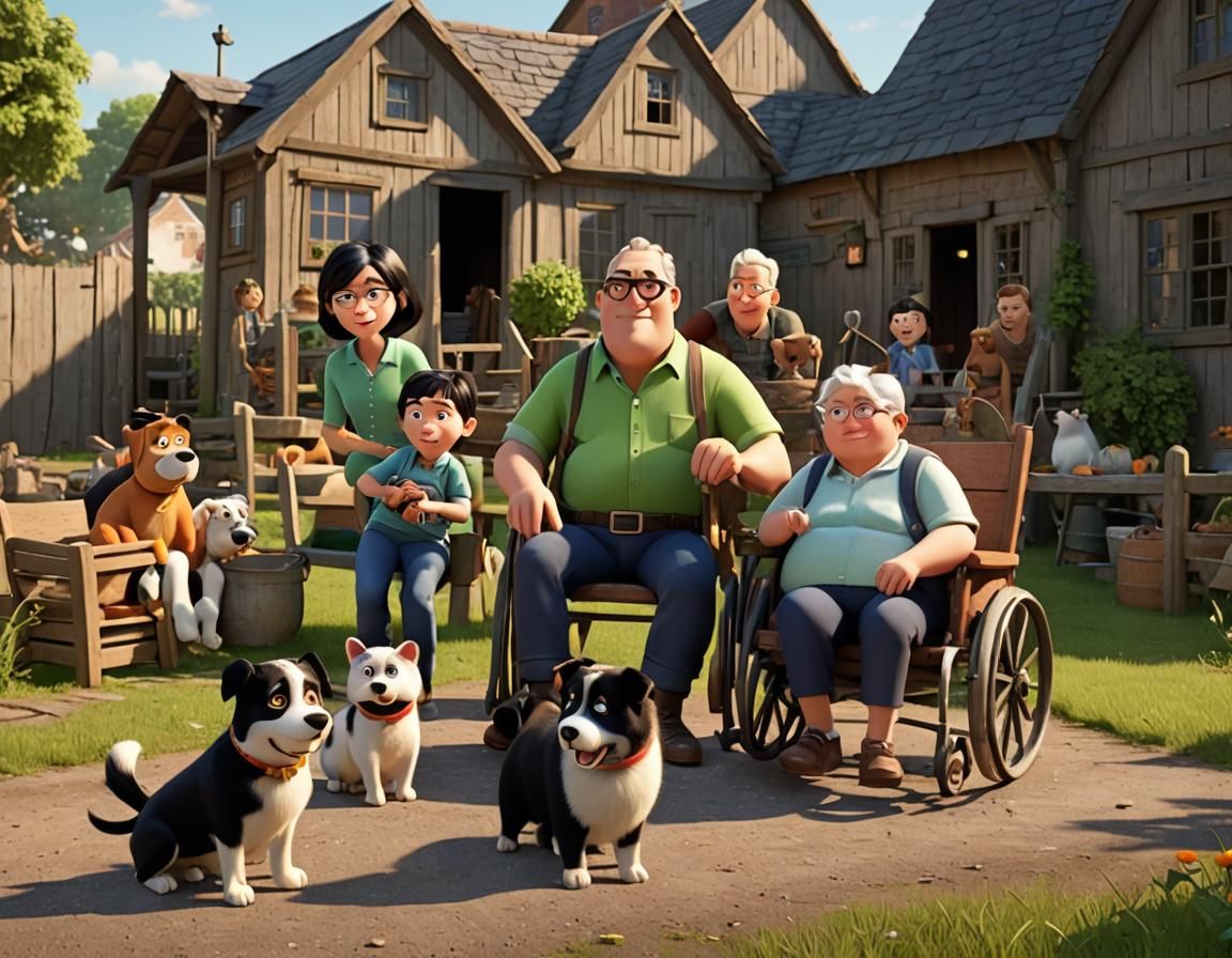 Family in Farmyard in Pixar-Style 3D Animation