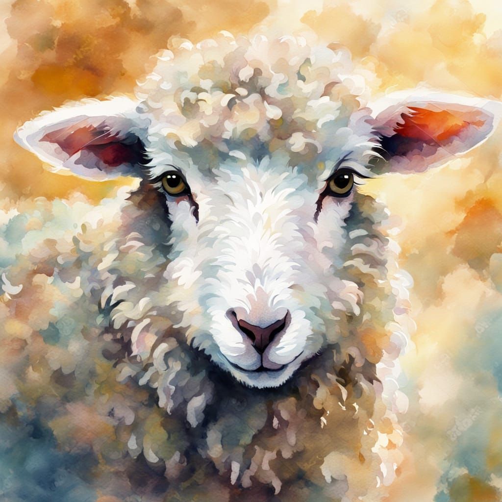 Lamb Gazing at Clock in Impressionistic Watercolor