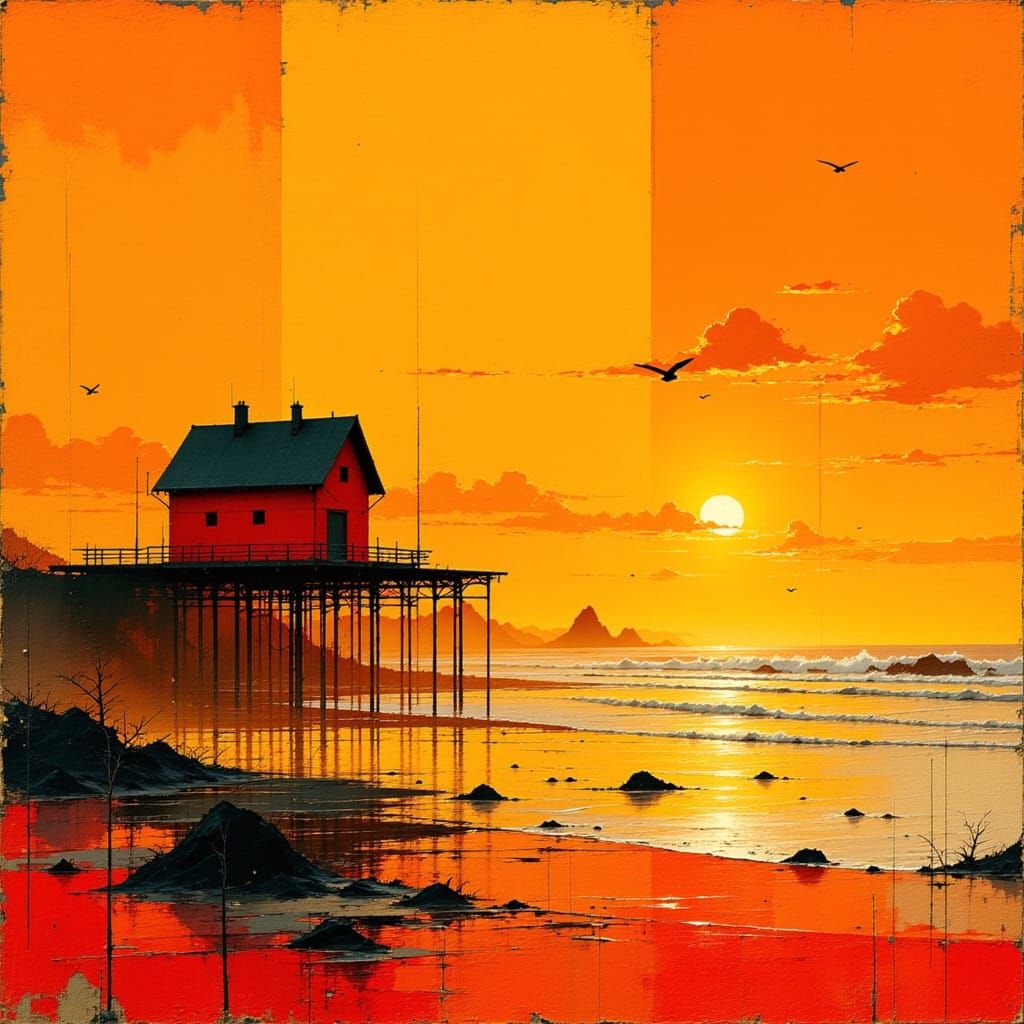 Red House on Stilts: An Abstract Realism Seascape
