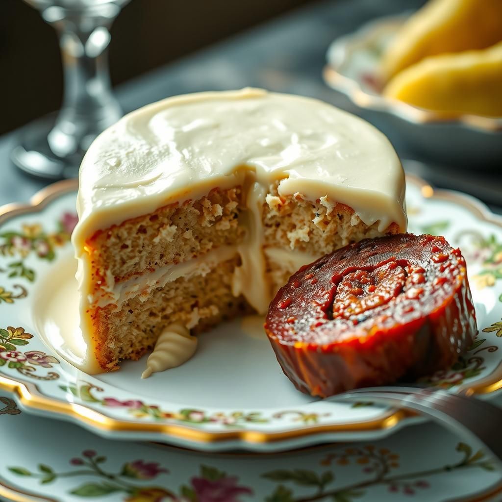 Decadent Cake with Sausage and Cicada: Hyper-Realistic Close...