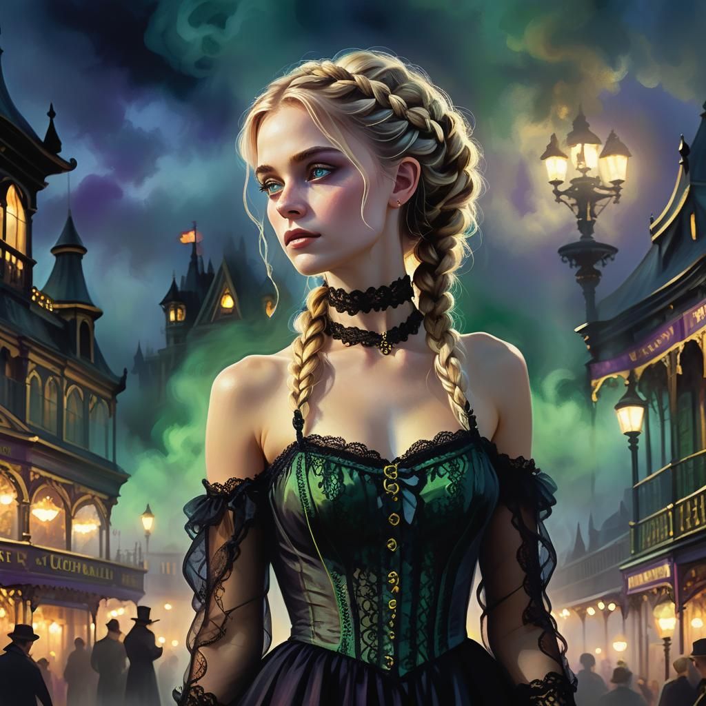 Braided Woman at Victorian Carnival in Dark Fantasy