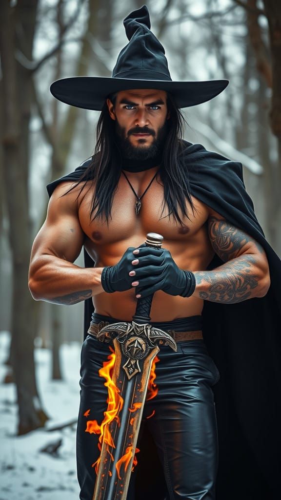 Strong Wizard in Winter Forest with Flaming Sword