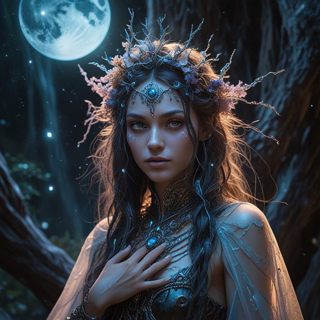 Cosmic Space Witch Amidst Bioluminescent Moon Cavern