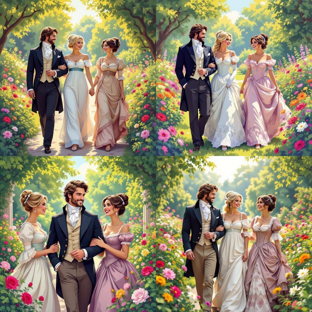 Regency Garden Scene with Elegant Figures