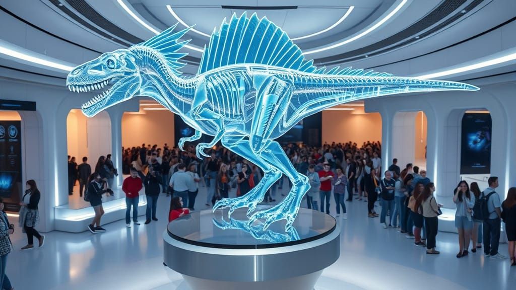 Futuristic Velociraptor Hologram in Modern Museum