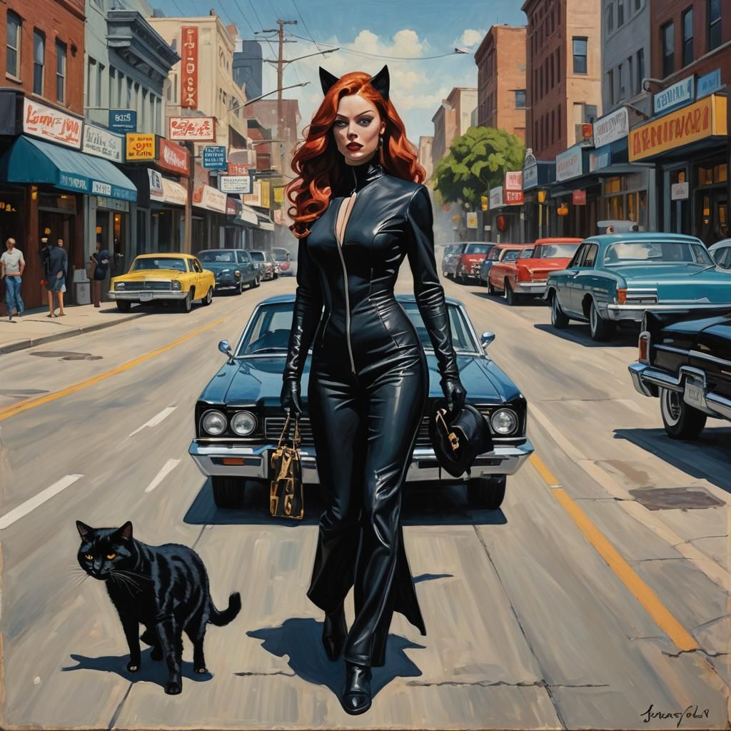 Woman in Catsuit in Paradise City, Oil Painting