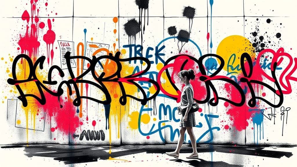 Ink splatter art adds texture and depth to the scene of a gi...