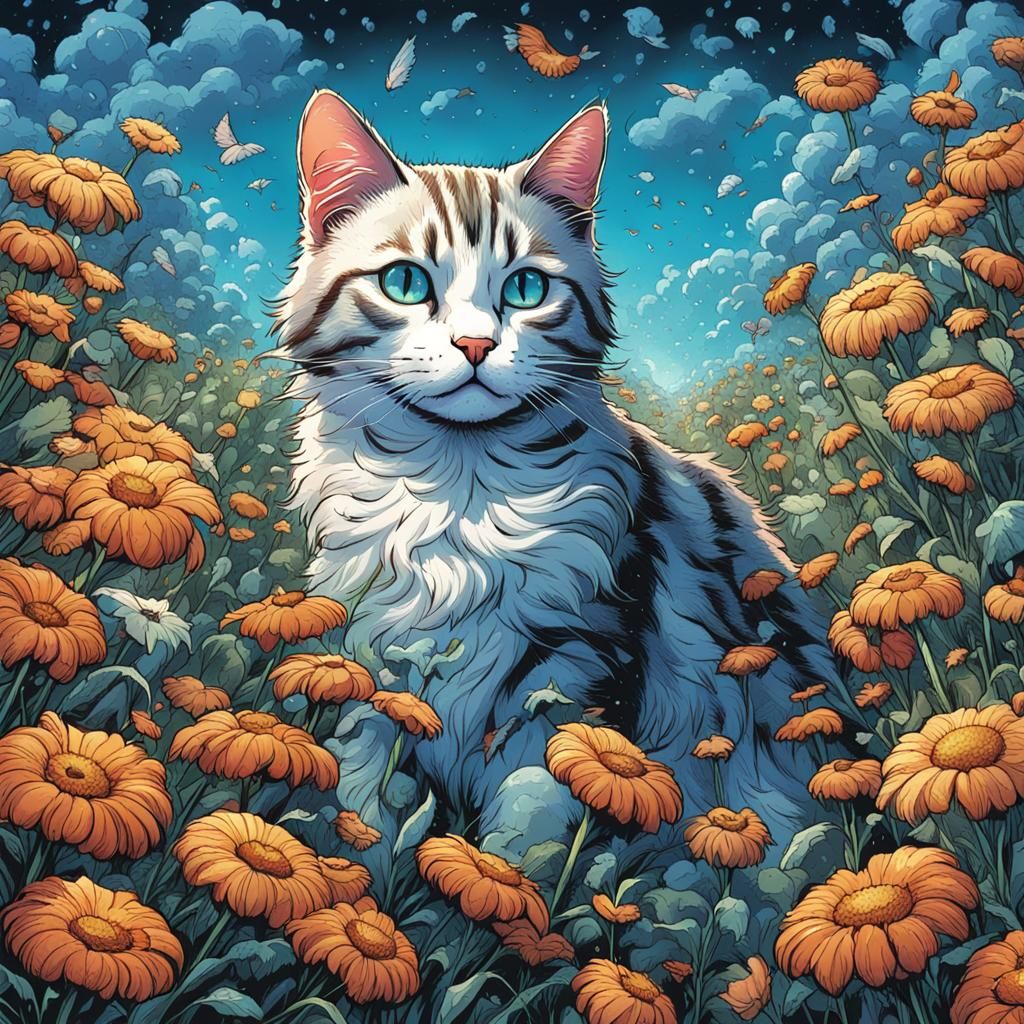 Cat in Flower Field, Comic Book Art