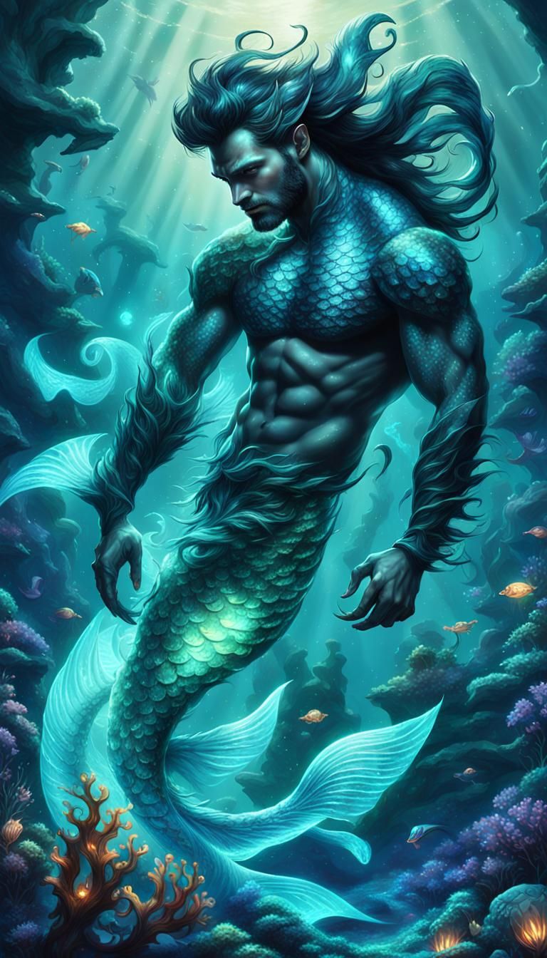 Ethereal Merman in Bioluminescent Ocean