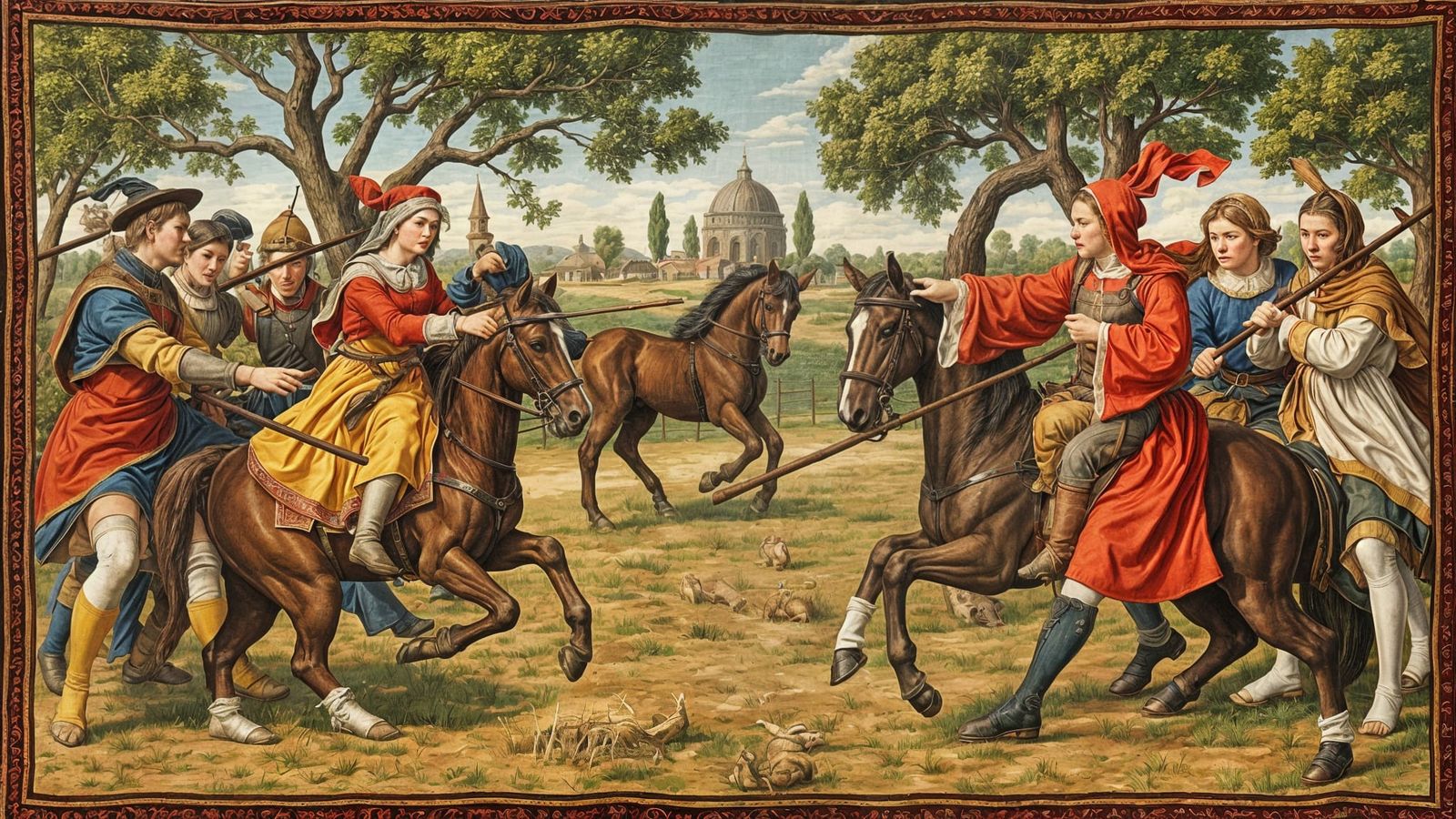 Medieval Riders Clash in Rural Landscape