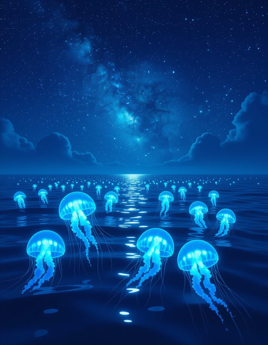 Ocean Under Starry Sky with Bioluminescent Jellyfish