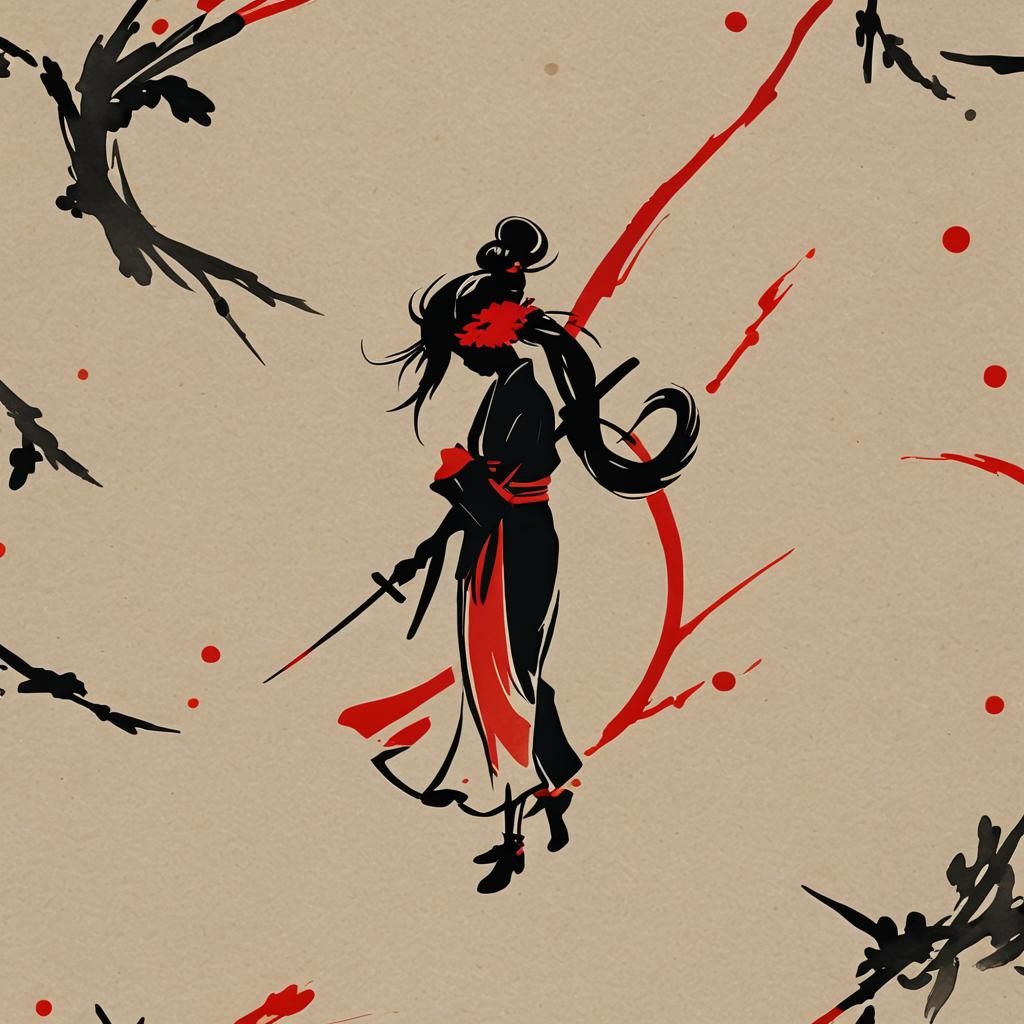 High quality, logo style, Yabusame, red and black sumi-e silhouette of a beautiful geisa, sophisticated, simple, by yuki...