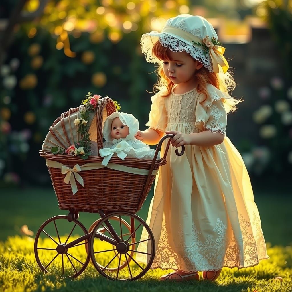 Victorian Girl Pushes Elegant Doll Carriage