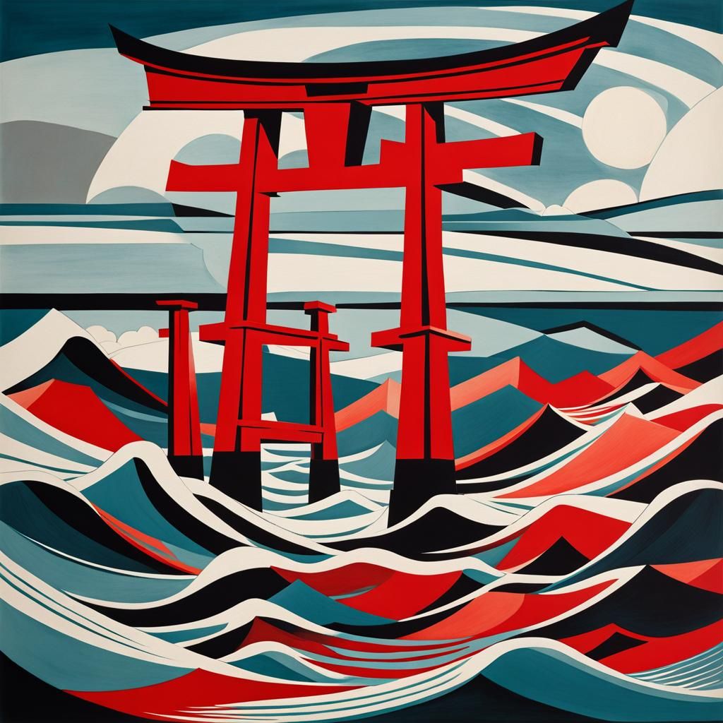 Red Torii in Stormy Sea: Cubist Ink Drawing