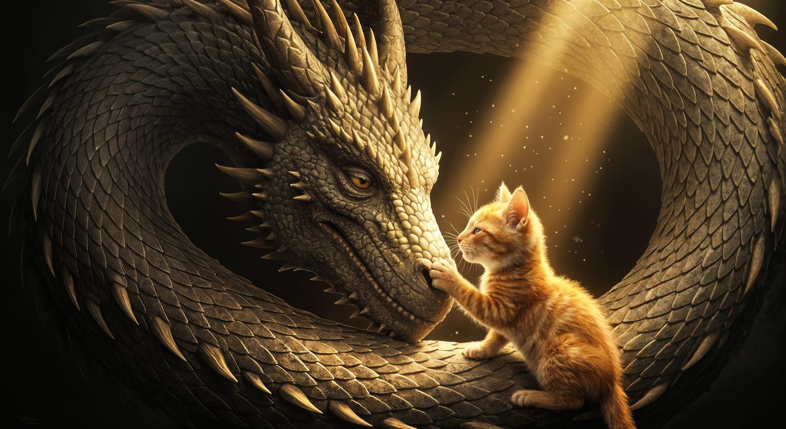 Dragon Protects Kitten in Golden Light