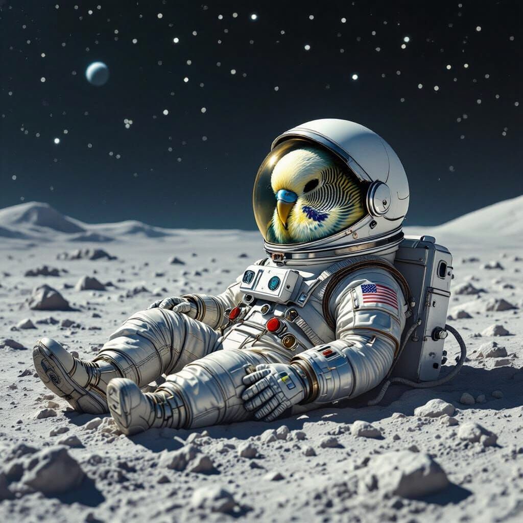 Astronaut Budgerigar Sleeping on the Moon