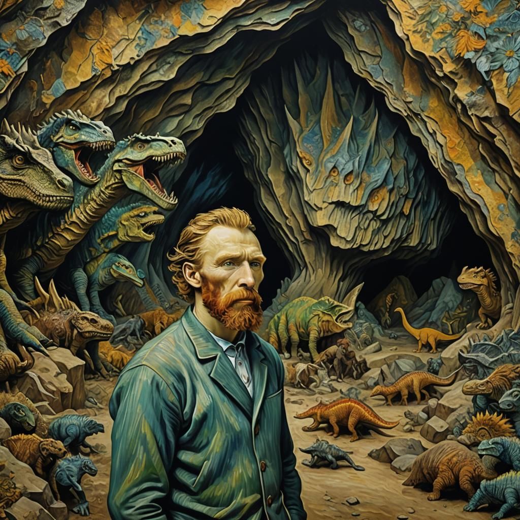 Van Gogh as Caveman Painting Dinosaurs