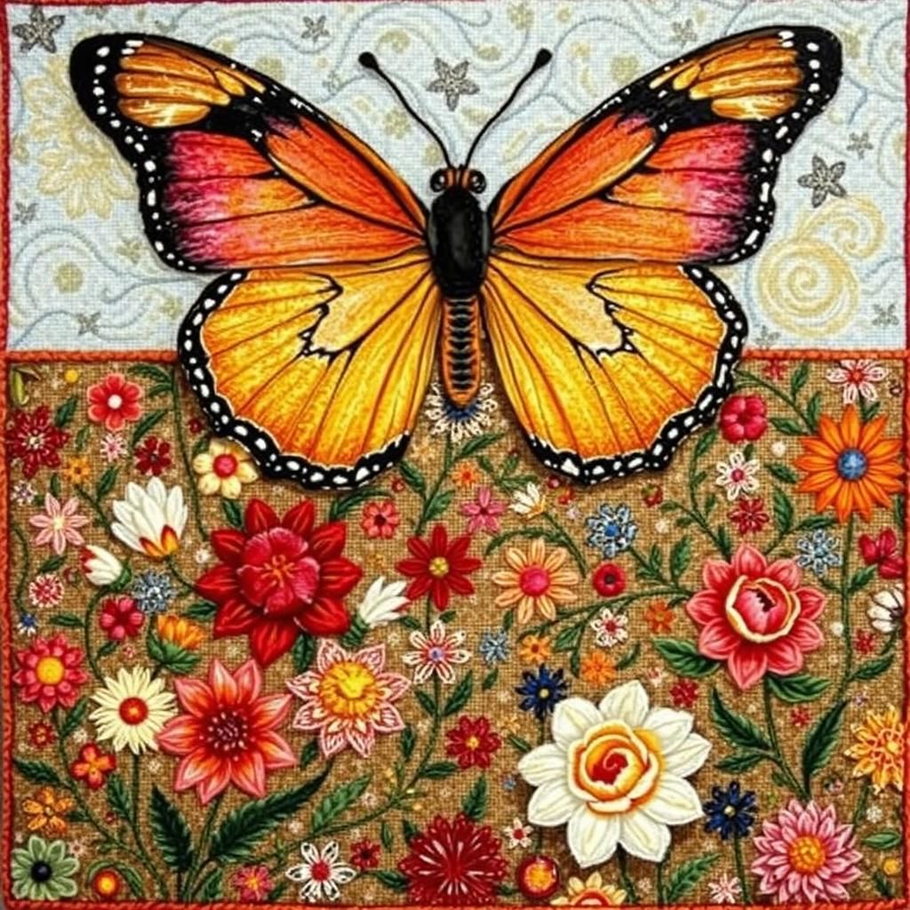 Butterfly Above Needlepoint in Klimt-Inspired Style
