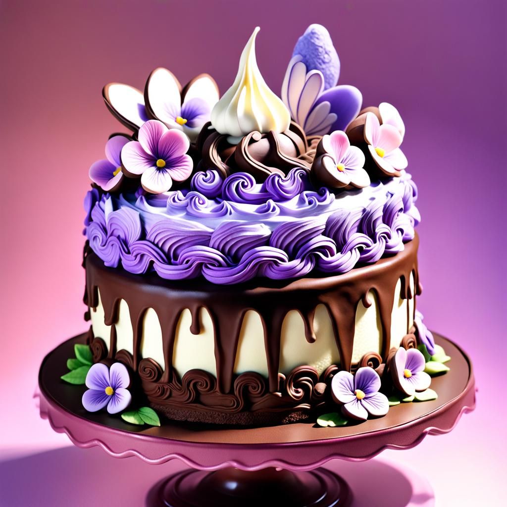 Chocolate Violet Cake in 3D Anime Art Style