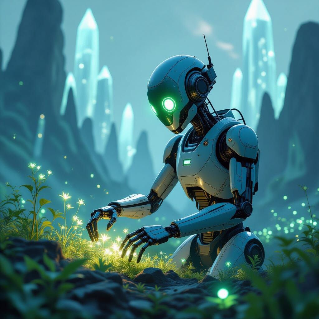 Robot Gardener on Exoplanet in Hyperrealistic Style