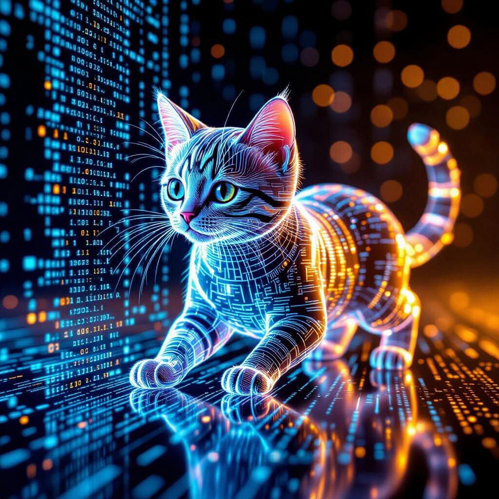 Translucent Data Cat Emerges From Computer Screen