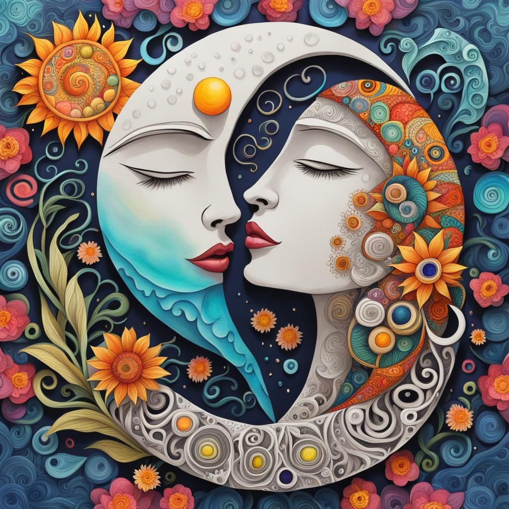 Colorful 3D Zentangle of Sun, Moon and Flowers