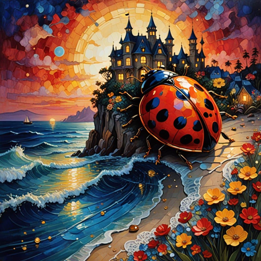 Giant Lady Bug Amidst Vintage Architecture at Sunset